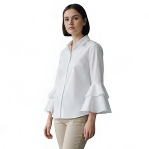 Worthington White Cotton Blouse Tiered Bell Sleeves Women’s Large
